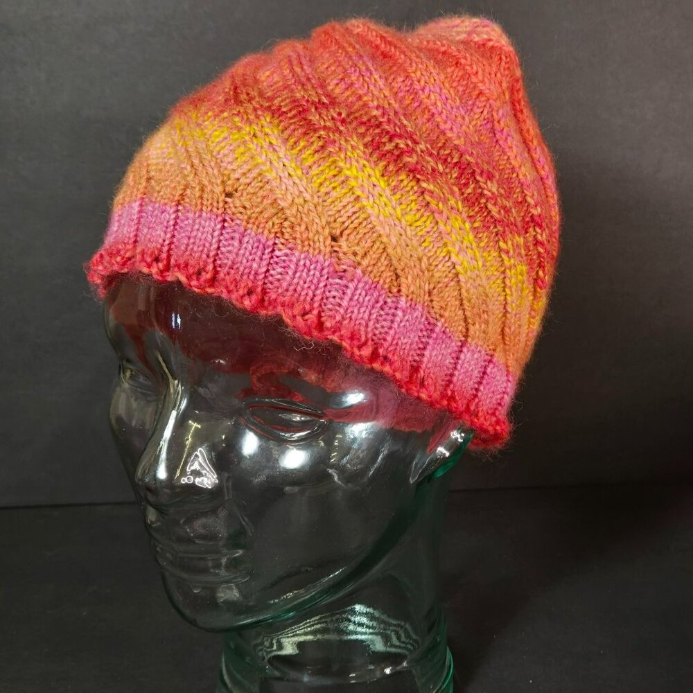 Handmade Knit Hat Pink & Orange Sunset Swirl Design Warm Winter Cap Wool Blend